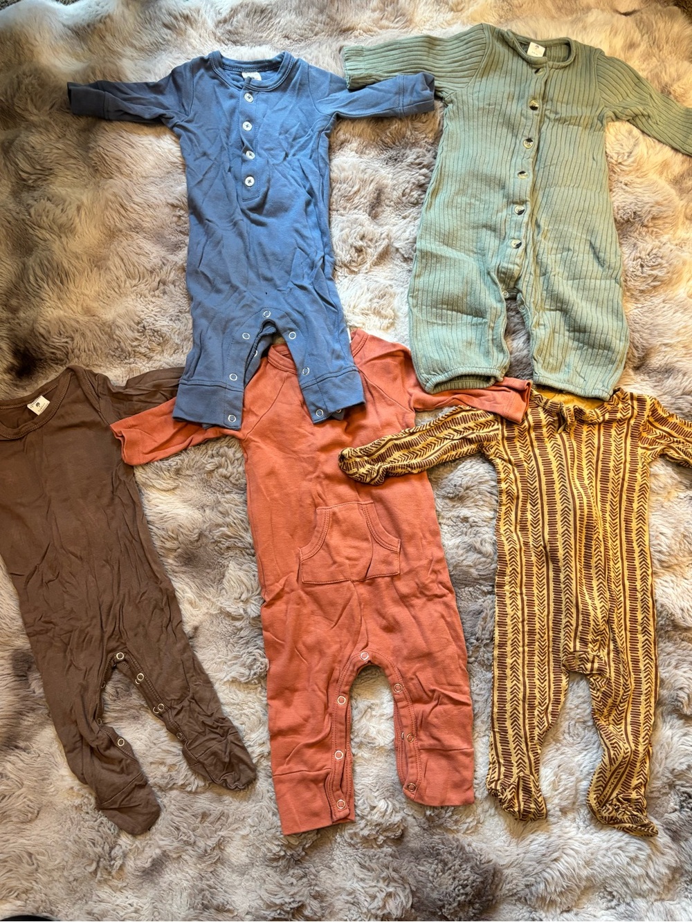 Kate Quinn Organic Onsies  Fall Bundle in blue, green, brown, rust & mustard.